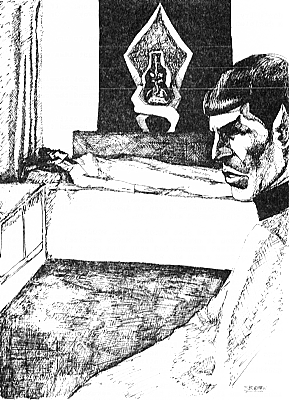 T'Rruel reclining on a bed and Spock sitting on another.