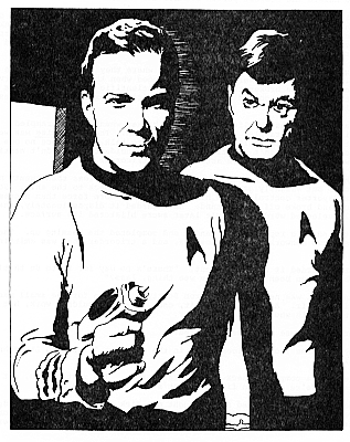Kirk holding a phaser and standing in front of McCoy.