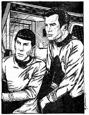 Picture of Spock at console with Kirk Standing beside him.
