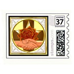 real US postage stamp with tentacled handshake and rose