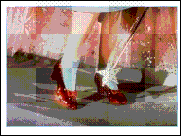 Glinda puts slippers on Dorothy