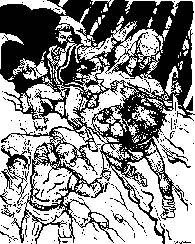 Drawing of men attacking Wulfston and Wolf.